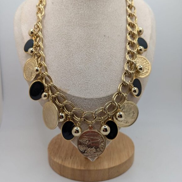 Coin Necklace Black Disc Charms Coin Dangles Charms Gold Tone Link Chain 24" - Picture 7 of 7